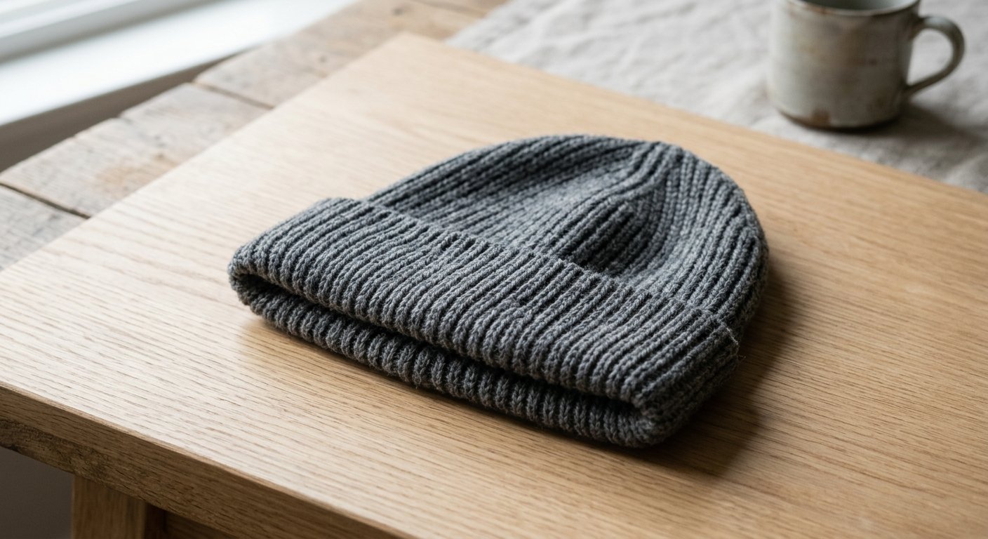 single knitted beanie product detail for winter retail buyers close-up material and construction details