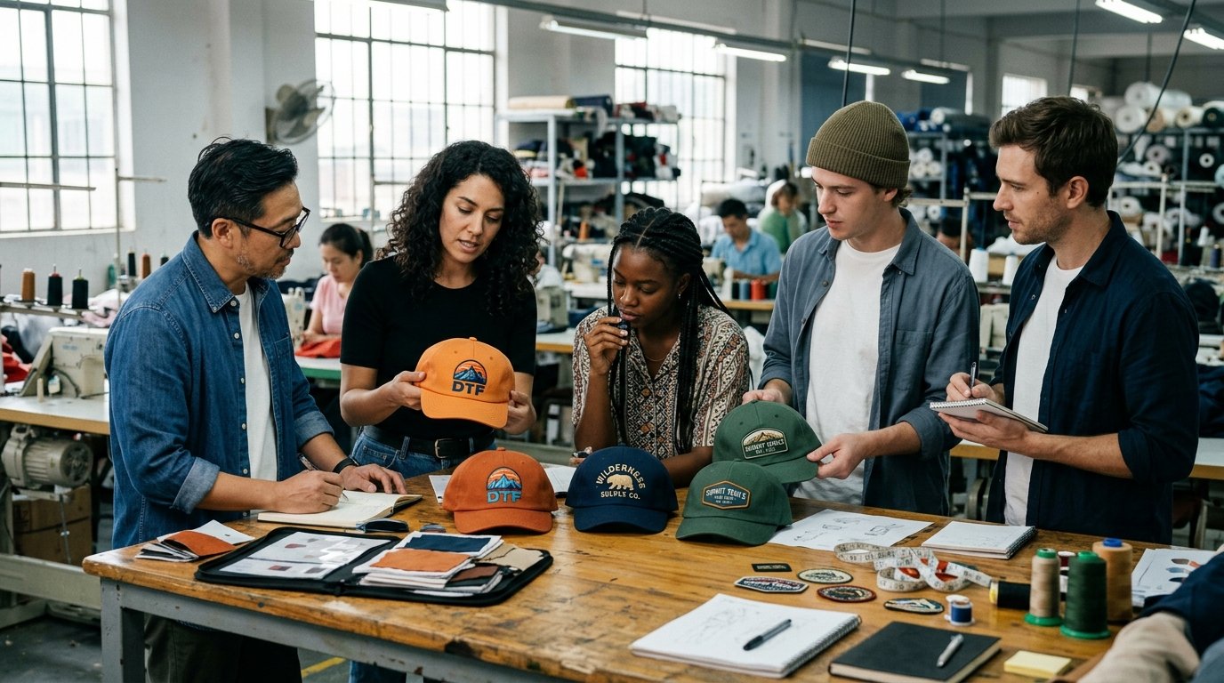 apparel design team examining custom cap decoration samples at factory