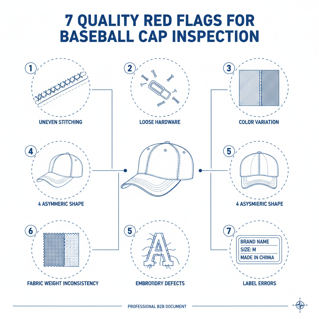 Baseball cap quality inspection showing stitching, embroidery, and closure checks