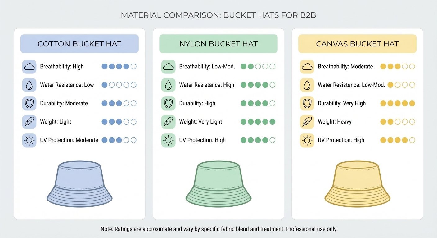 Comparison chart of cotton nylon and canvas bucket hat materials for wholesale buyers