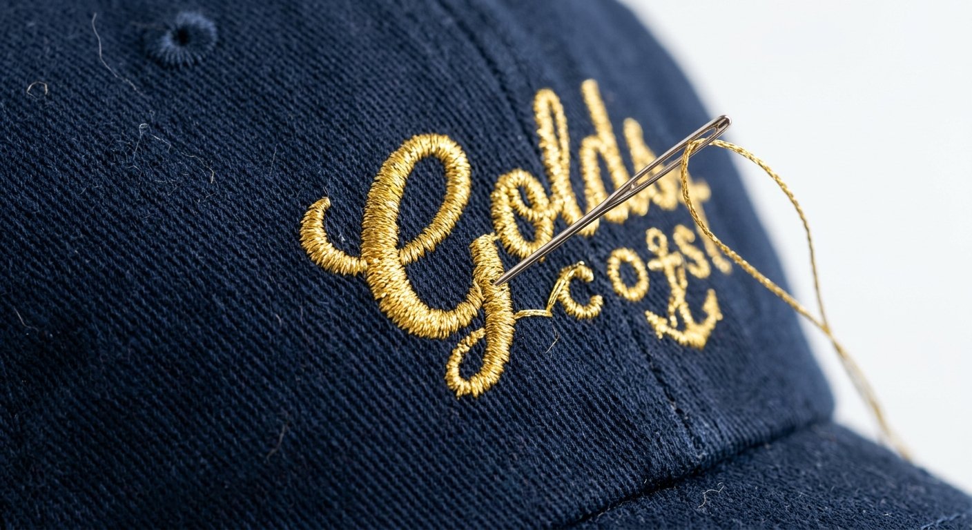Close-up macro detail of precision golden thread embroidery stitching on a custom baseball cap front panel
