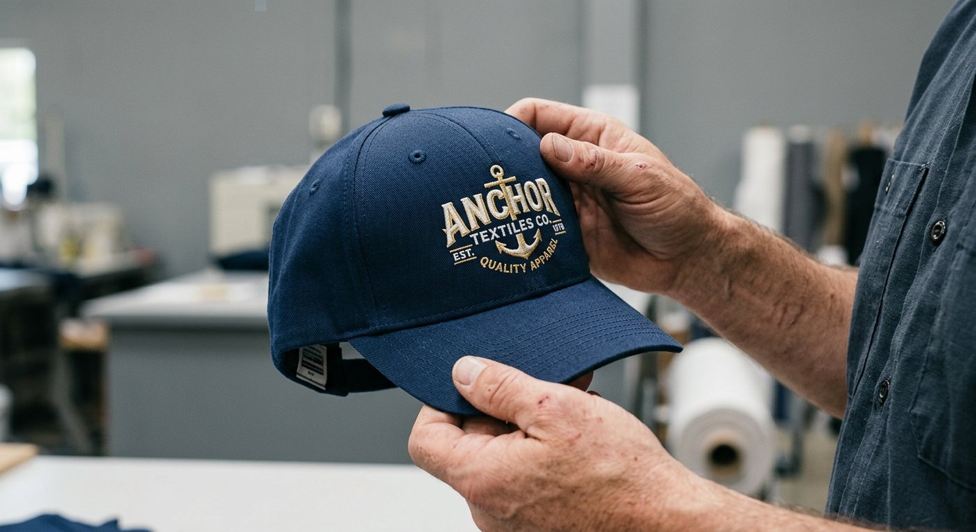 Factory quality inspector hands examining finished custom baseball cap stitching and crown structure under neutral lighting