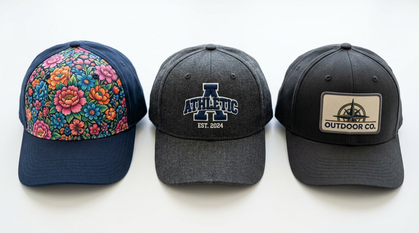 DTF vs Embroidery vs Patch baseball cap decoration methods comparison for wholesale buyers