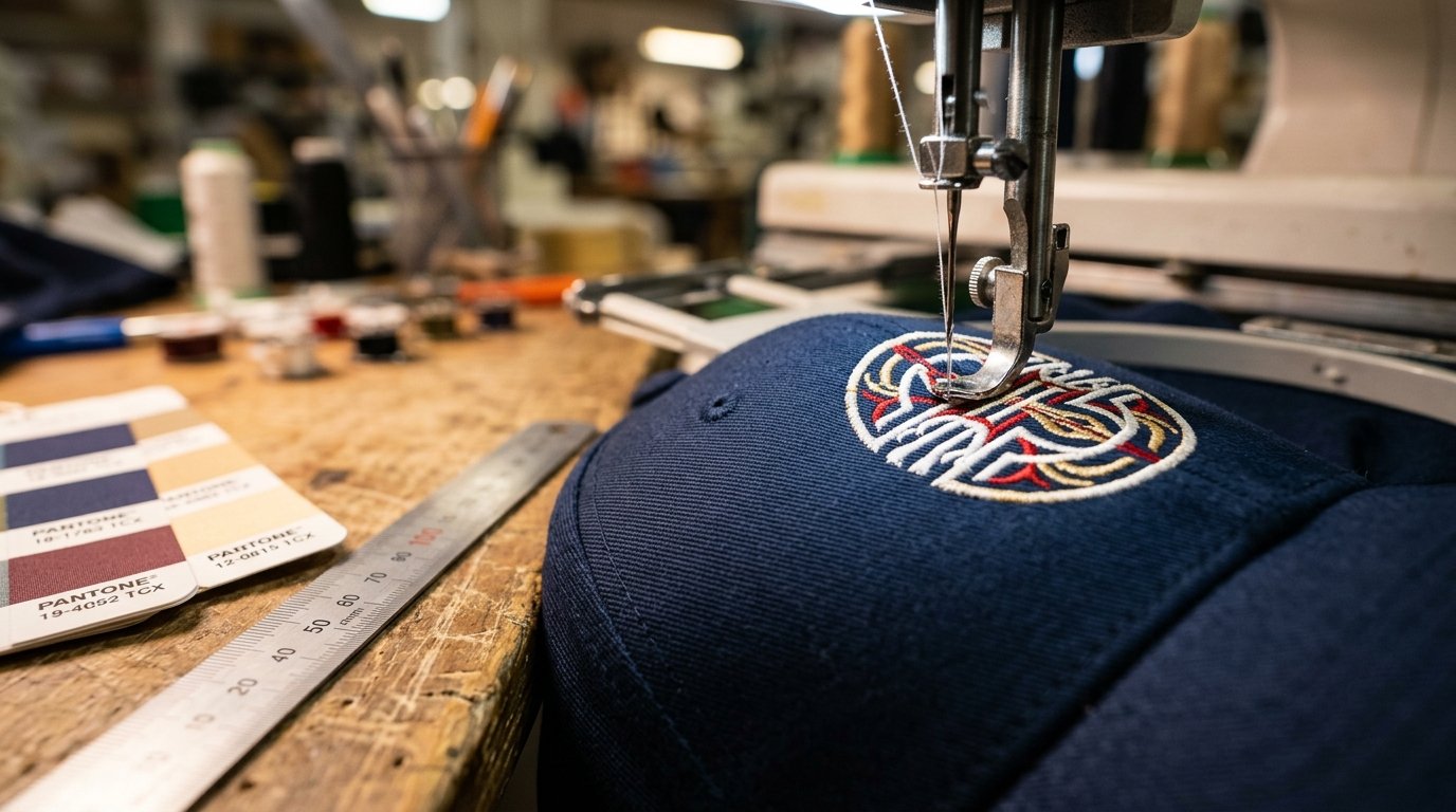 Baseball cap decoration quality inspection process with embroidery close-up for wholesale buyers