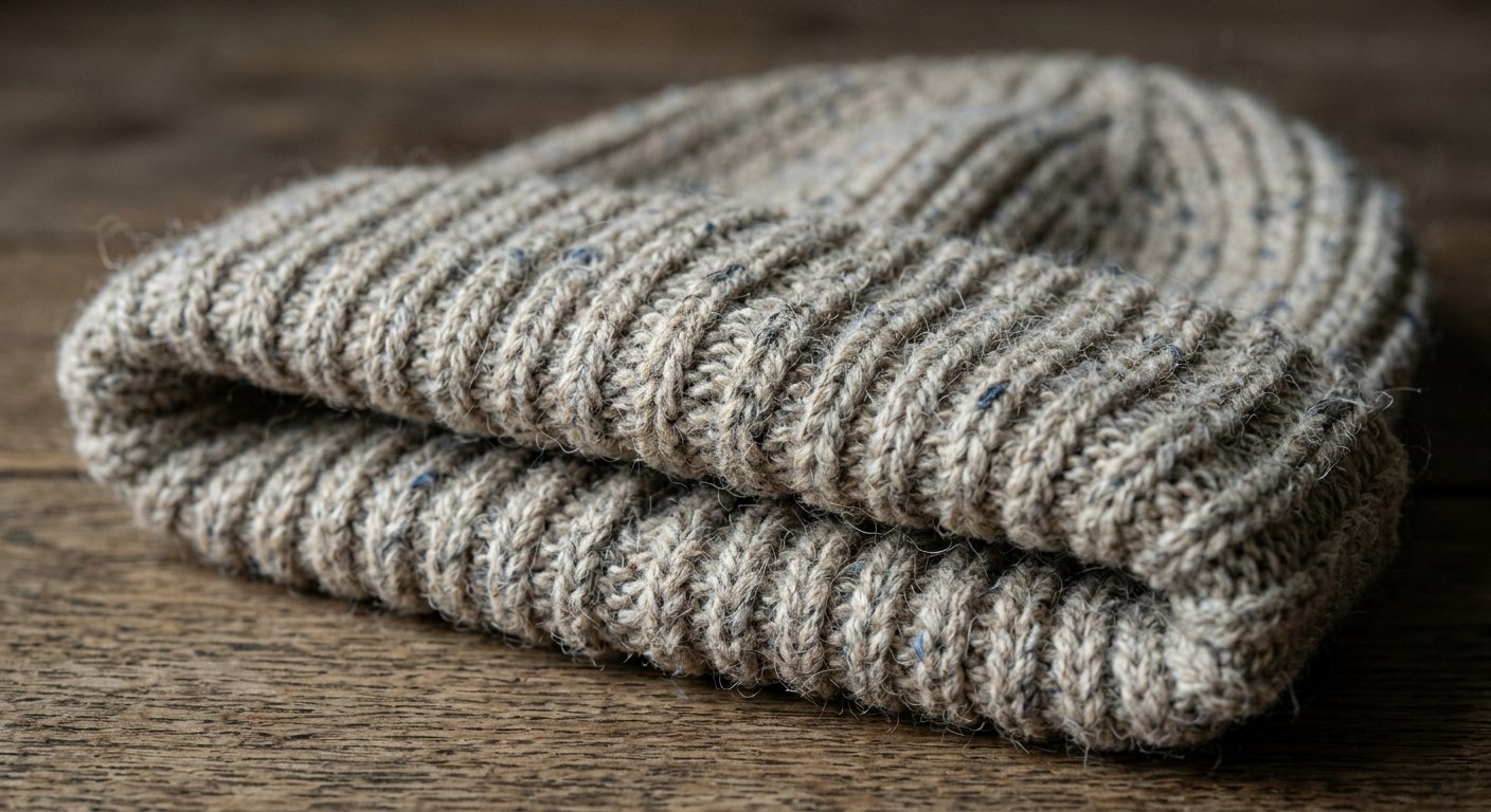 Recycled yarn knitted beanie macro detail showing rib knit texture and eco fiber structure