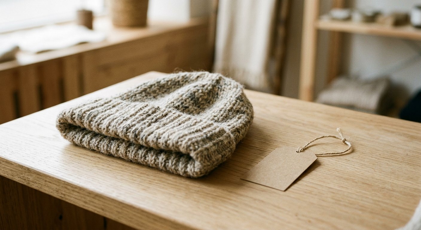 Eco-friendly knitted beanie on sustainable retail display with recycled packaging