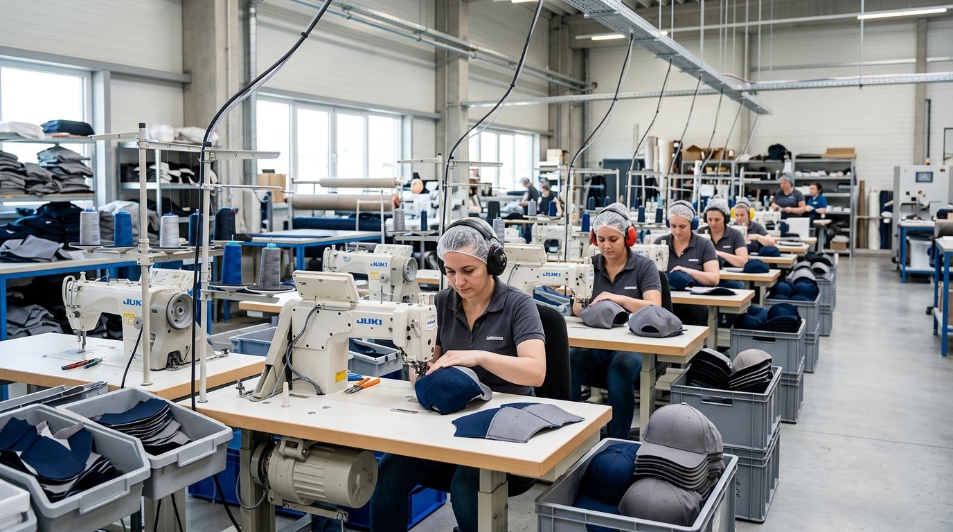 Modern hat factory production line with industrial sewing machines assembling caps