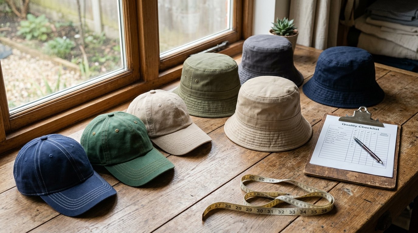 Hat factory sample quality assessment with various cap styles on inspection table
