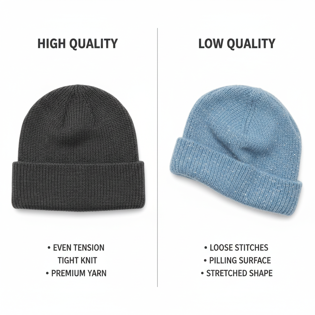 Knitted beanie quality comparison showing yarn, knit density, and winter wear differences