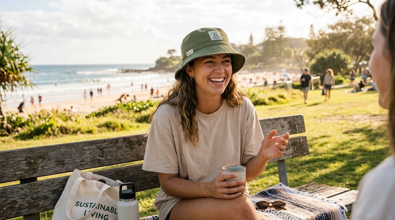 Person wearing eco-friendly green recycled PET bucket hat outdoor lifestyle wholesale