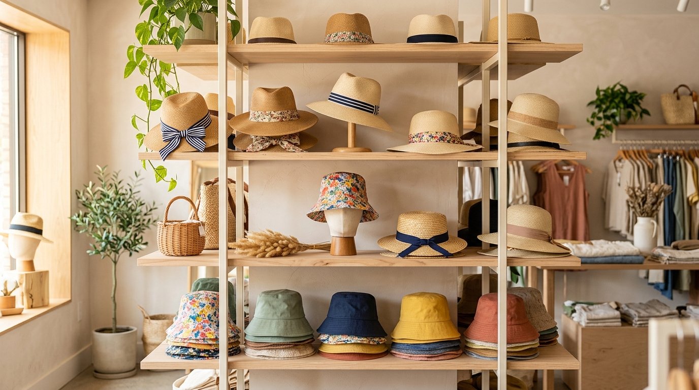 Straw hats and bucket hats retail display comparison for wholesale summer 2026 buyers