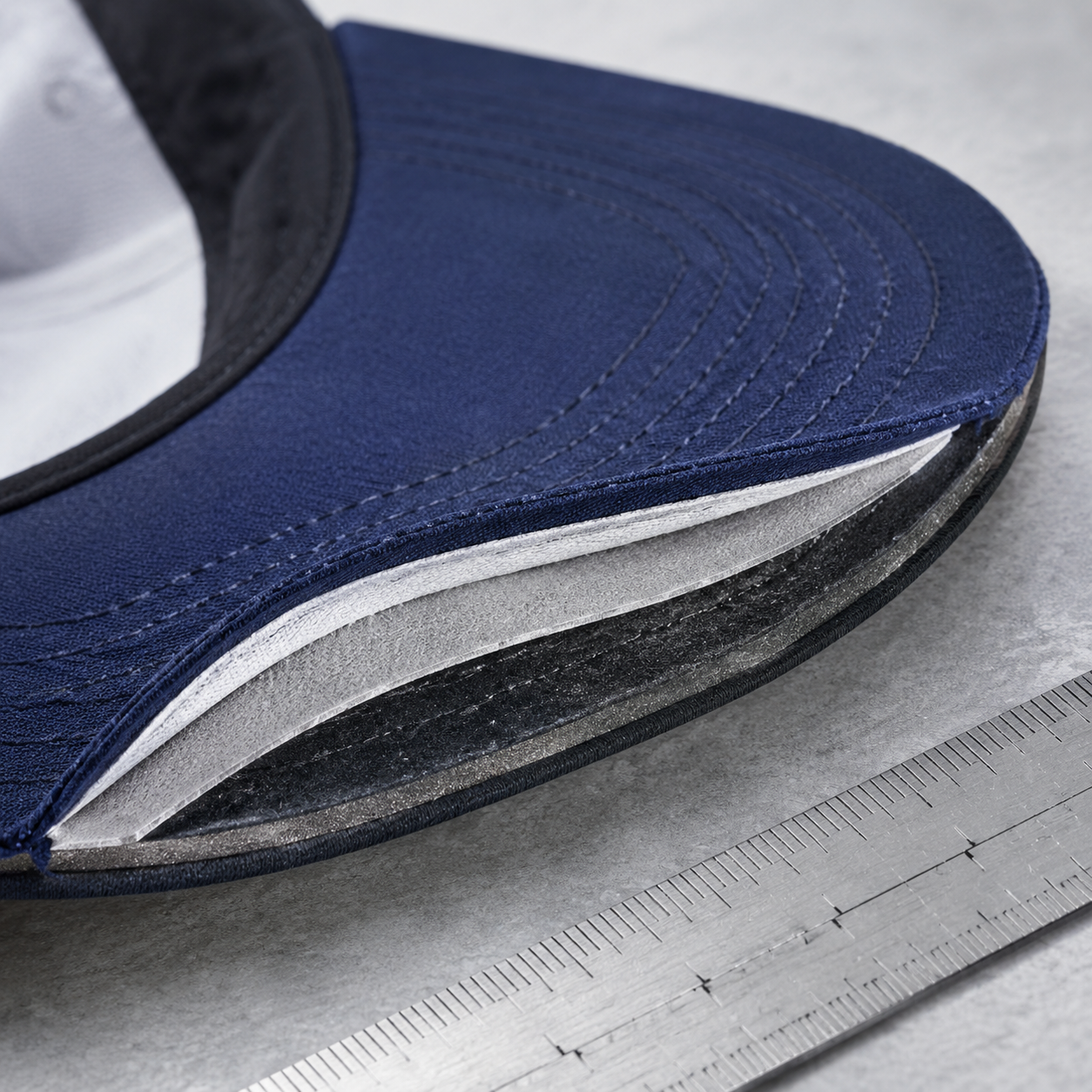 Baseball cap brim insert layers and curvature profile detail for wholesale inspection