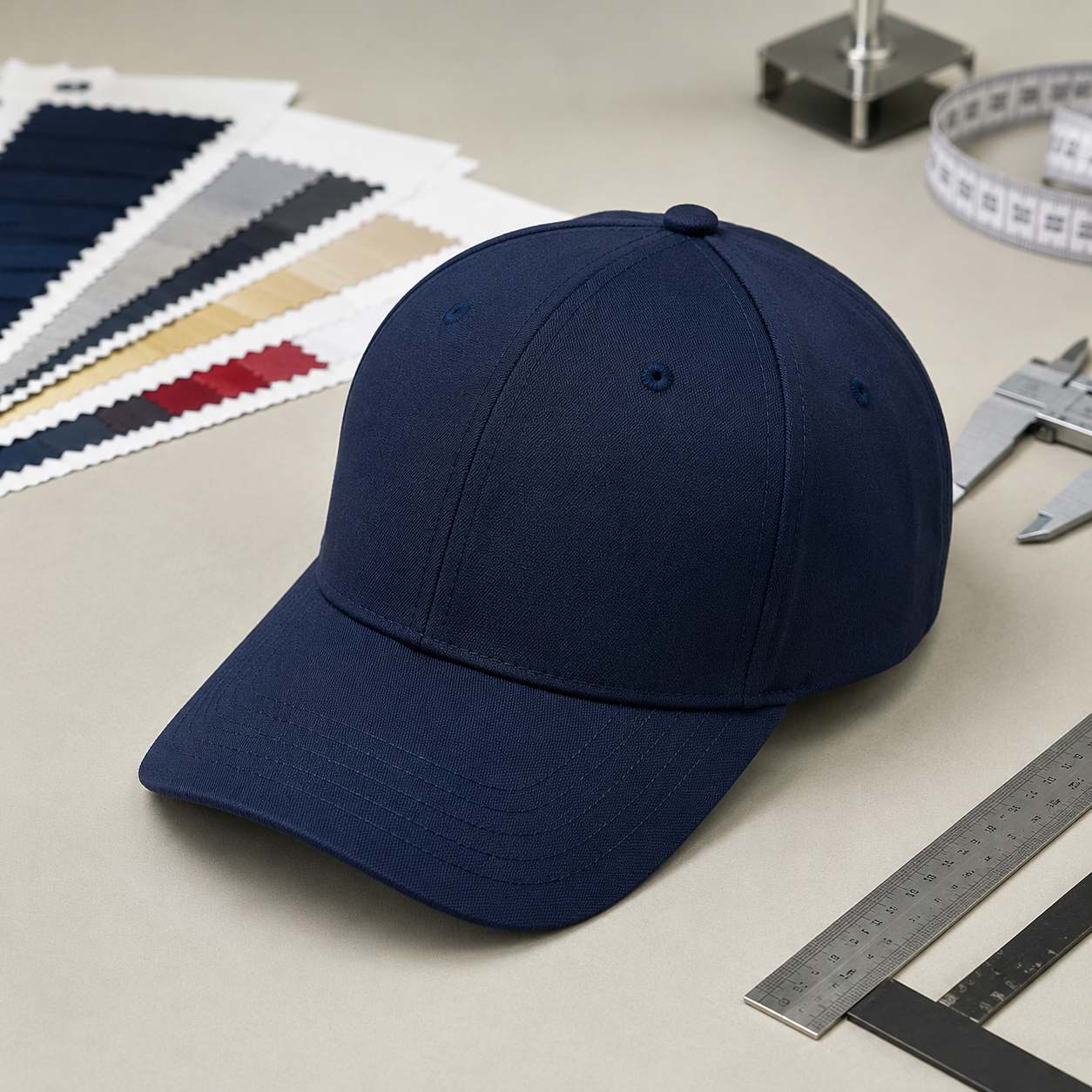 Baseball cap on QC inspection table with measurement tools for wholesale buyers
