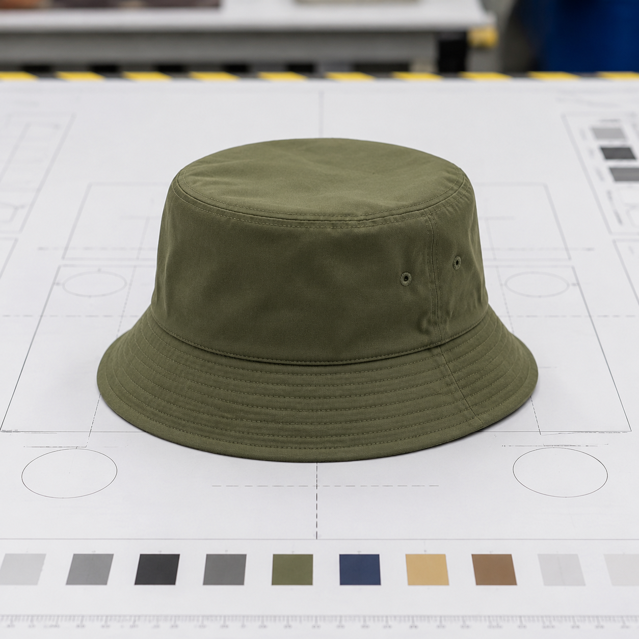 Bucket hat on QC table with logo placement guide for wholesale buyers