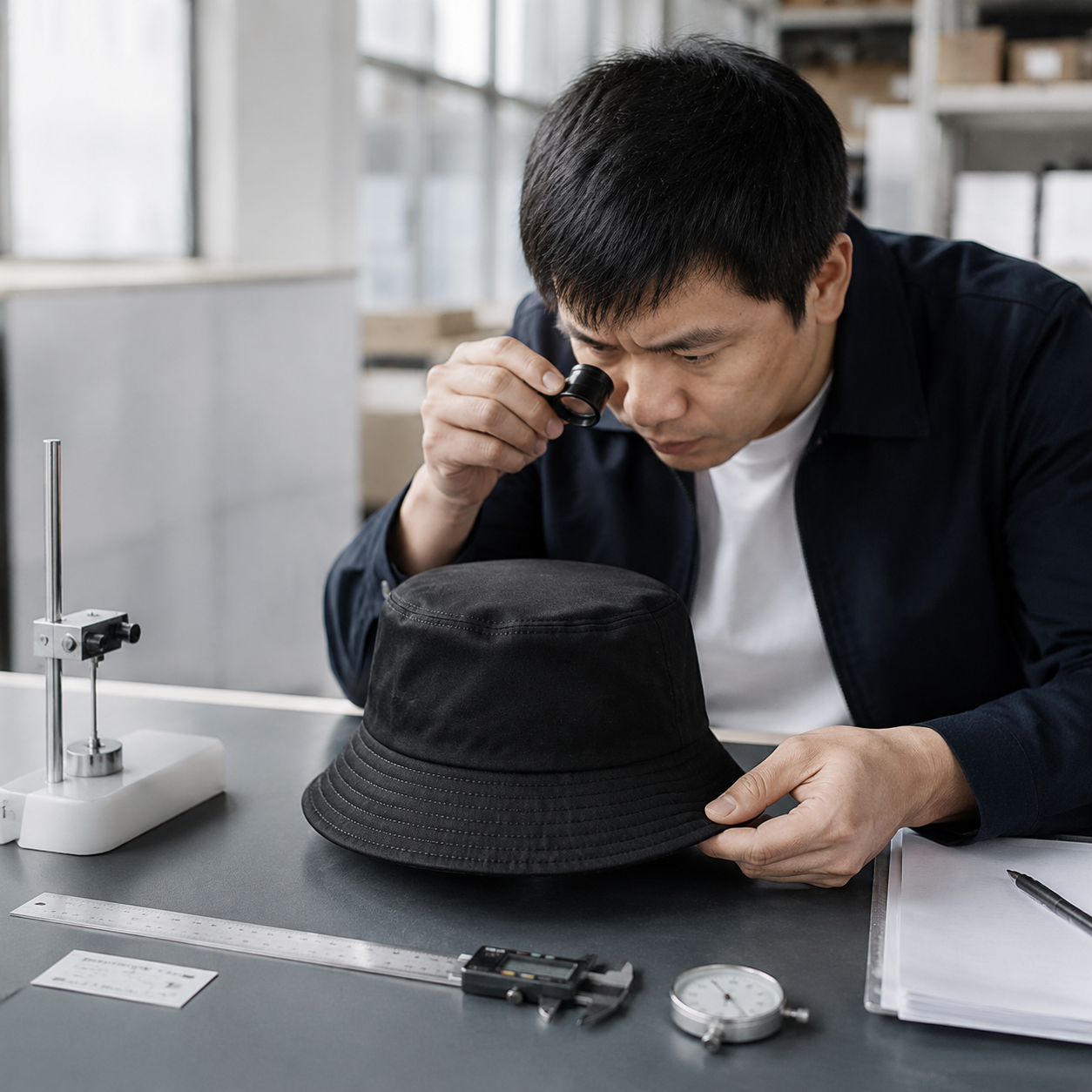 bucket hat QC scenario - Bucket Hat Stitching & Seam Finishing Guide: Stitch Density and Defect Inspection for Wholesale Buyers
