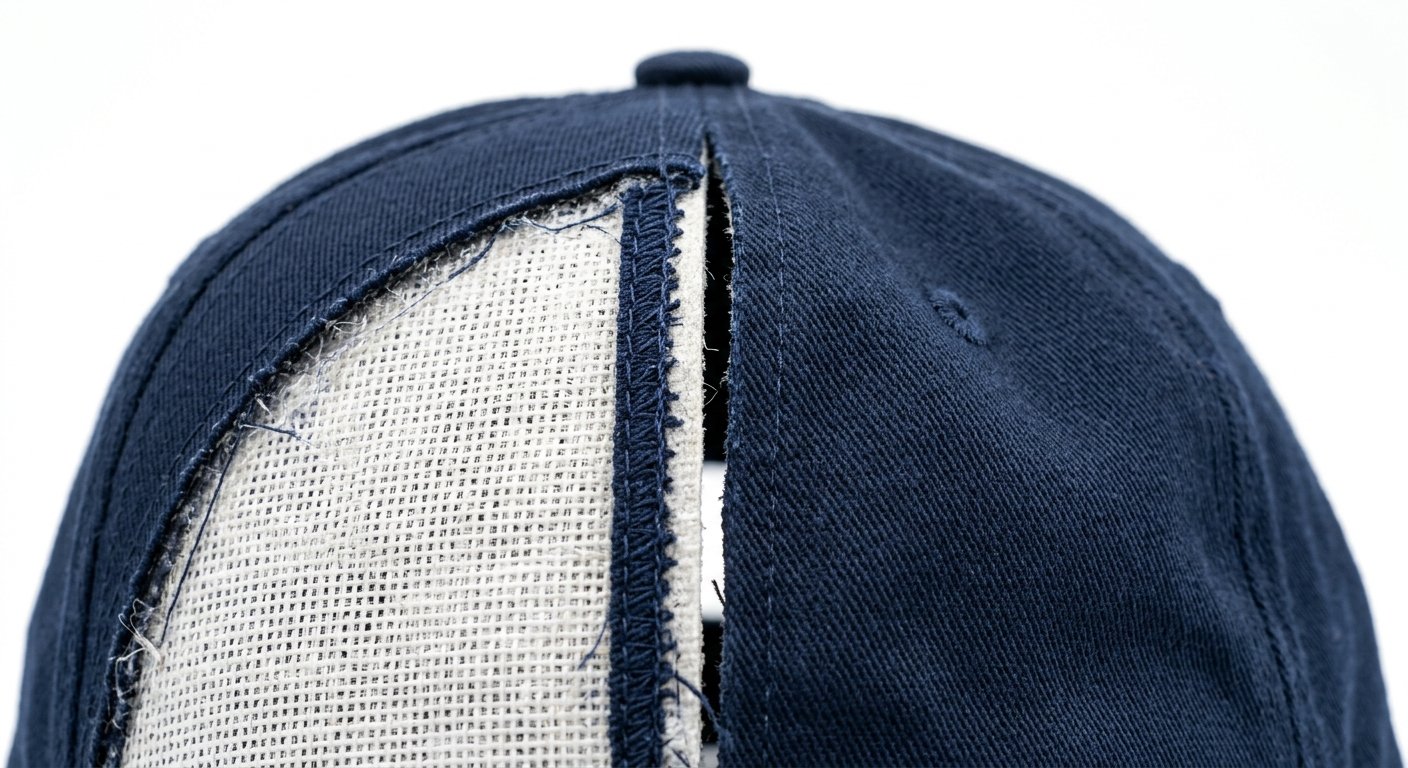 cross-section comparison of baseball cap crown showing structured buckram layer vs unstructured soft cotton interior