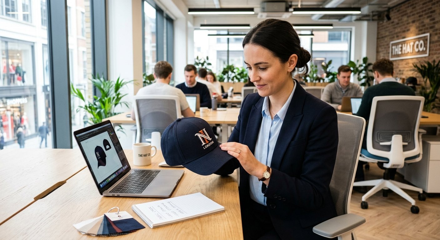 Wholesale buyer comparing hat fabric material samples at showroom
