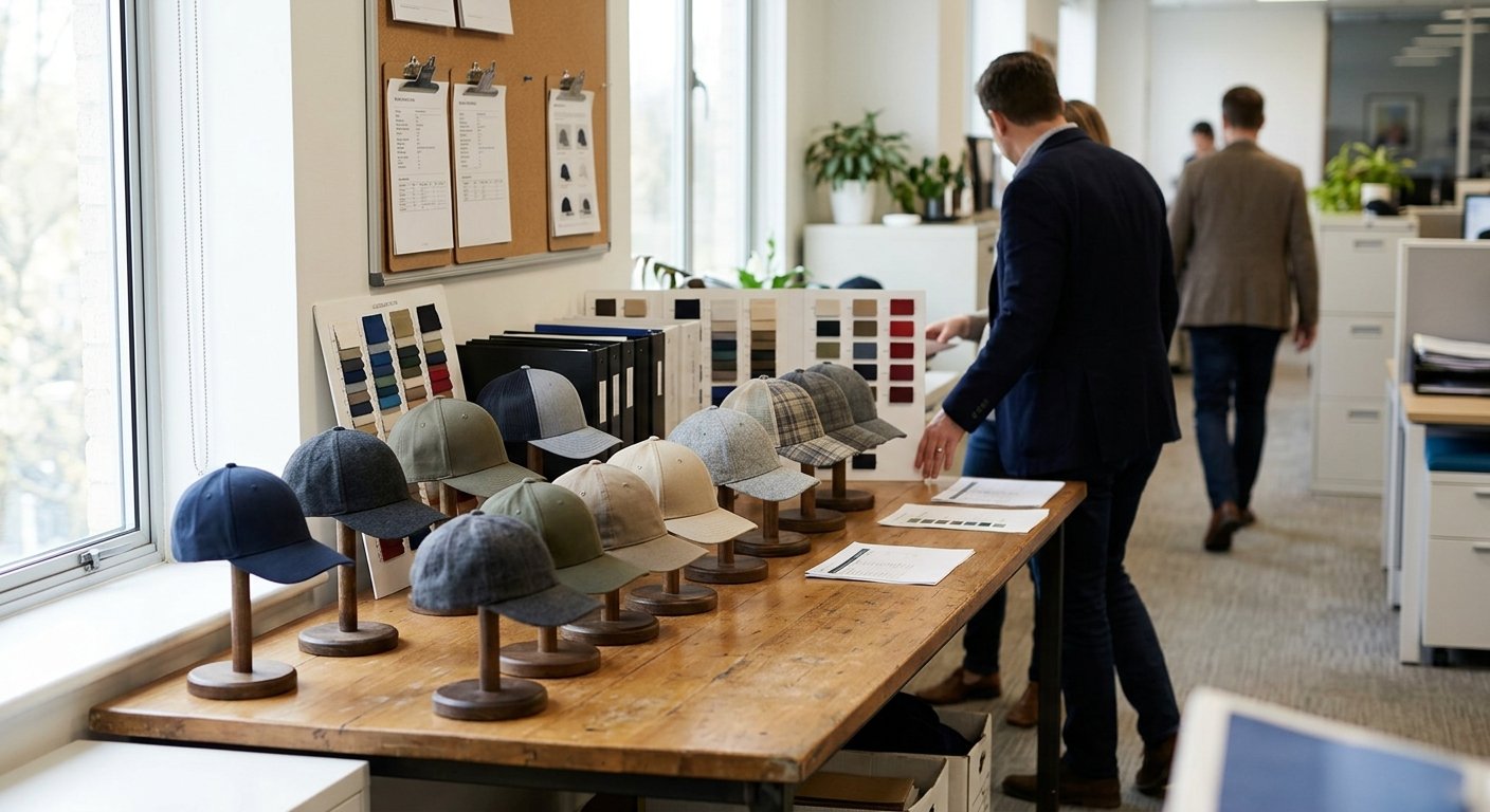 wholesale buyer office with assorted baseball caps of different crown heights displayed on wooden shelf