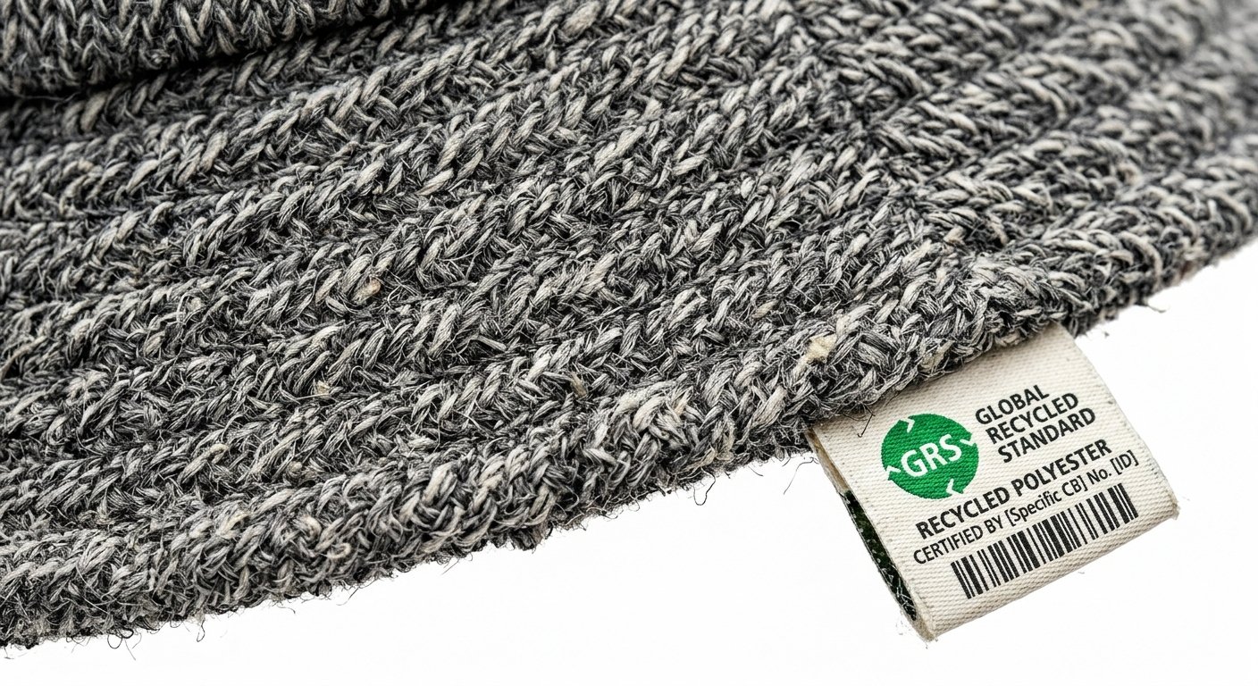 macro close-up of recycled PET fabric texture showing fiber characteristics and GRS certification hang tag detail