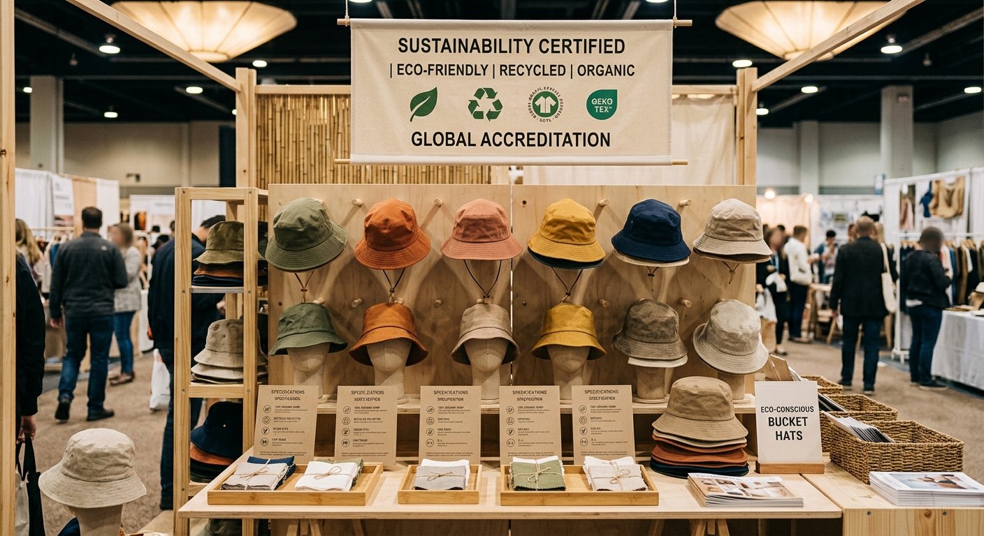 trade show exhibition booth displaying sustainable recycled PET bucket hats with GRS certification banners