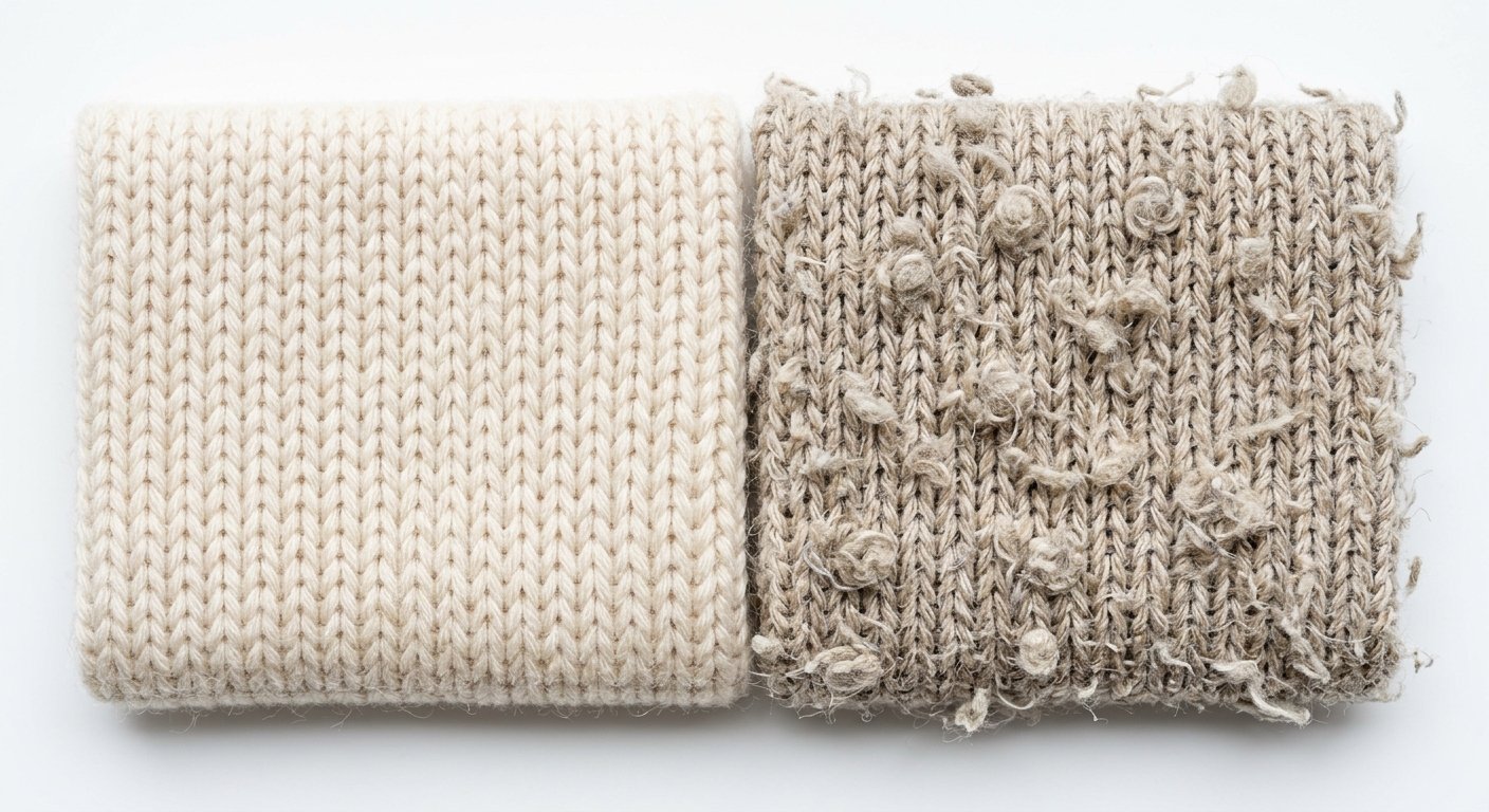 extreme macro comparison of knitted fabric surface showing merino wool smooth fibers vs acrylic pilling balls