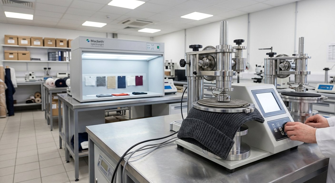 quality control laboratory with Martindale abrasion tester machine testing knitted beanie fabric for pilling resistance