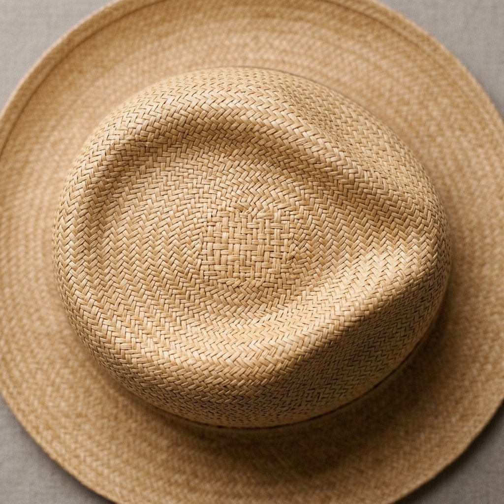 Straw hat teardrop crown weave detail showing intricate straw braiding and center crease