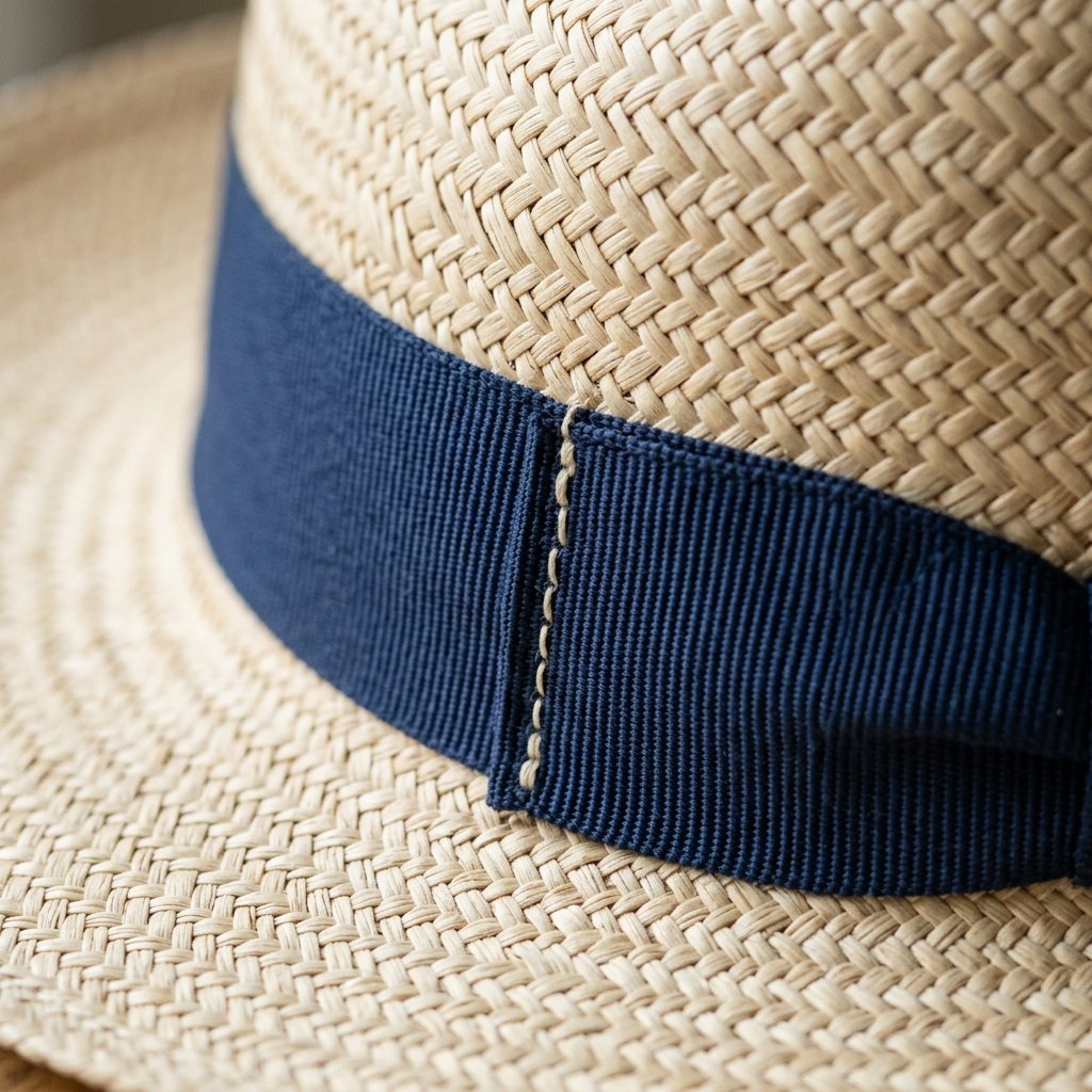 close-up macro of straw hat band attachment stitching points