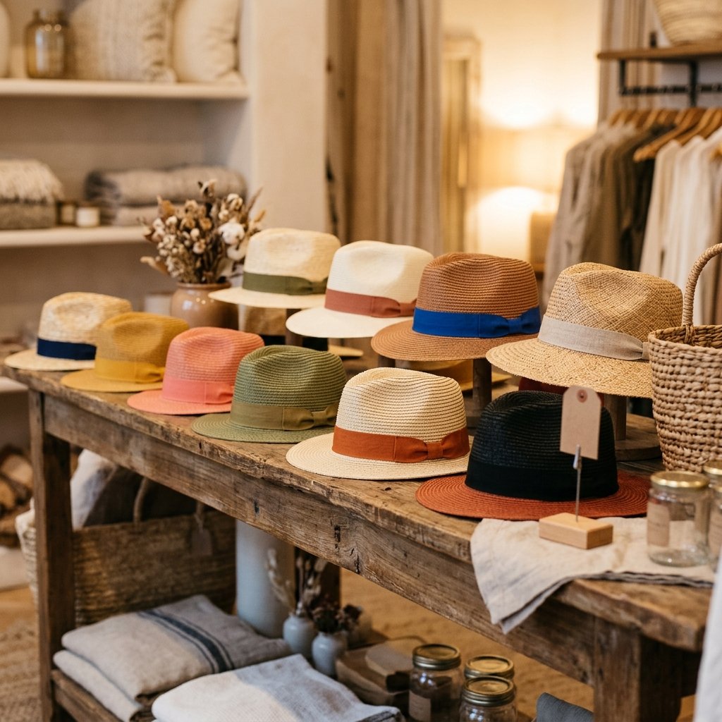 boutique retail display rack with assorted straw hats featuring various colored satin ribbon bands
