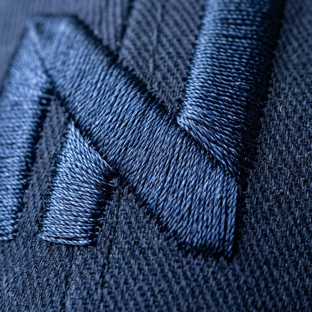 extreme macro close-up of baseball cap front panel embroidery stitch density