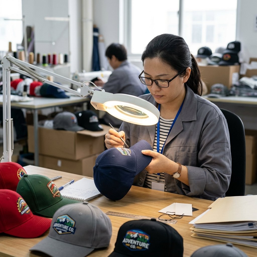 quality control inspector examining baseball cap embroidery under magnification lamp
