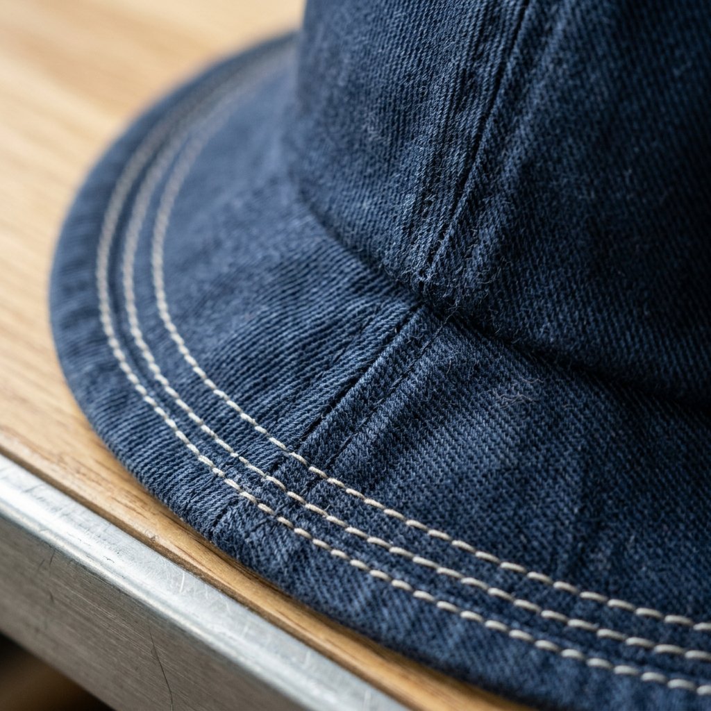 macro close-up of bucket hat brim edge double-stitch construction