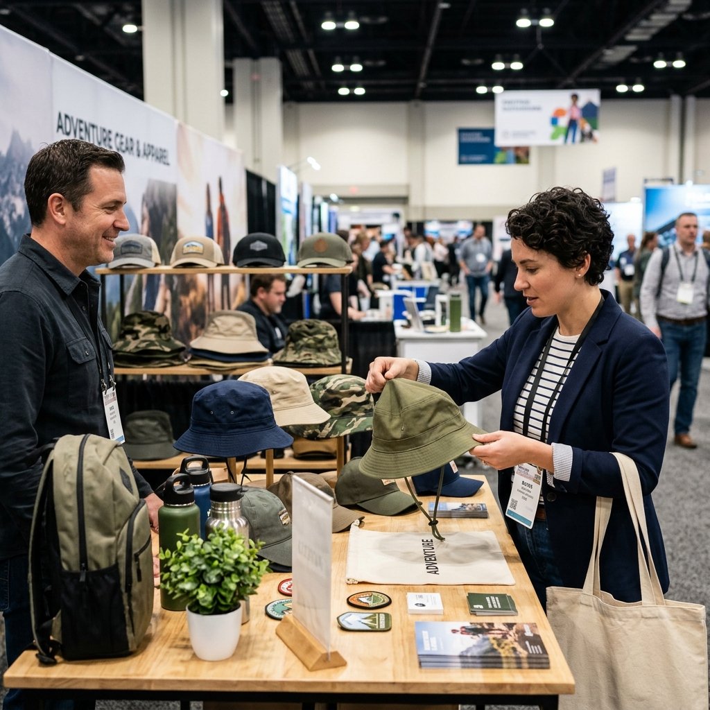 trade show booth with buyer inspecting bucket hat brim stiffness