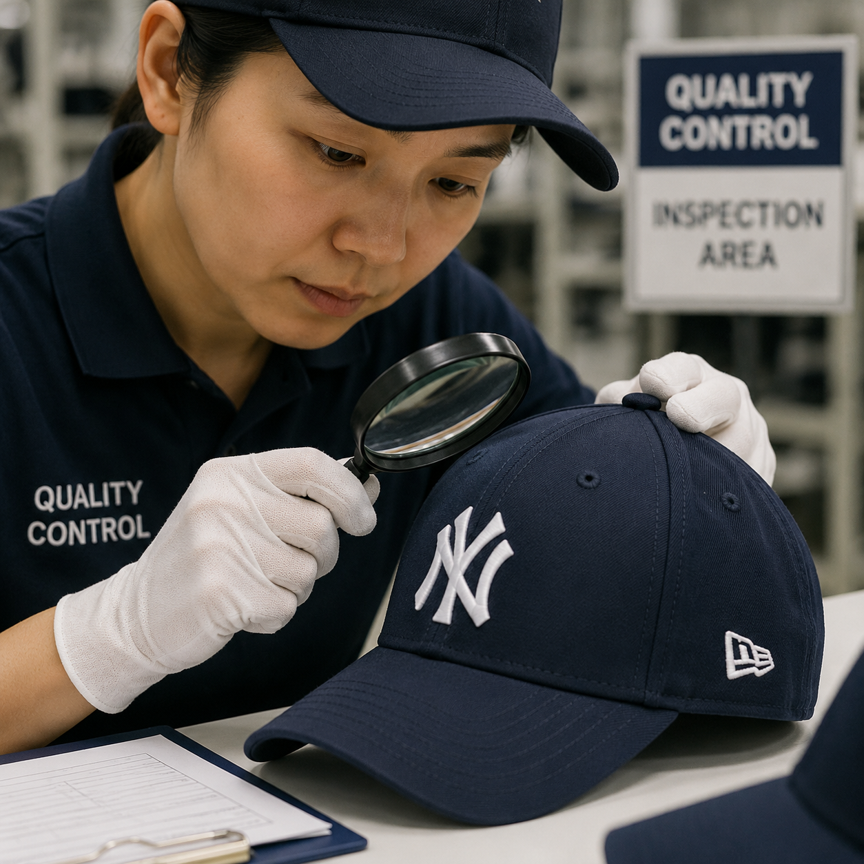 headwear sourcing trends 2026 - quality control inspection of baseball cap stitching at factory
