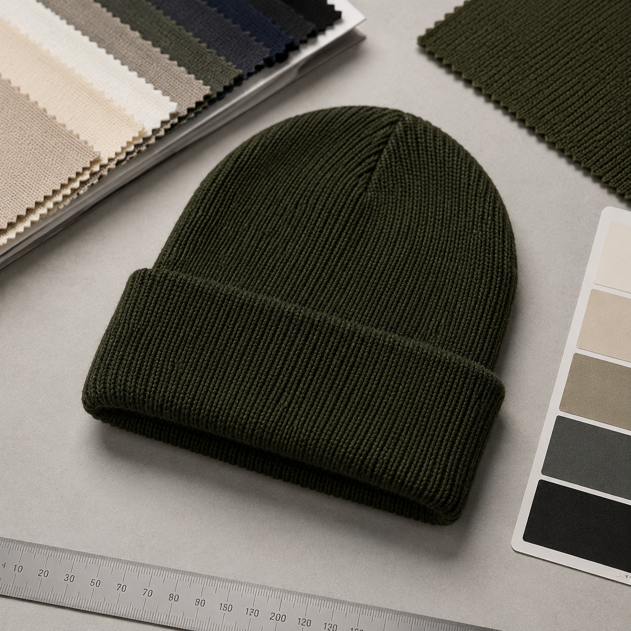 Knitted beanie on buyer inspection table with logo swatches