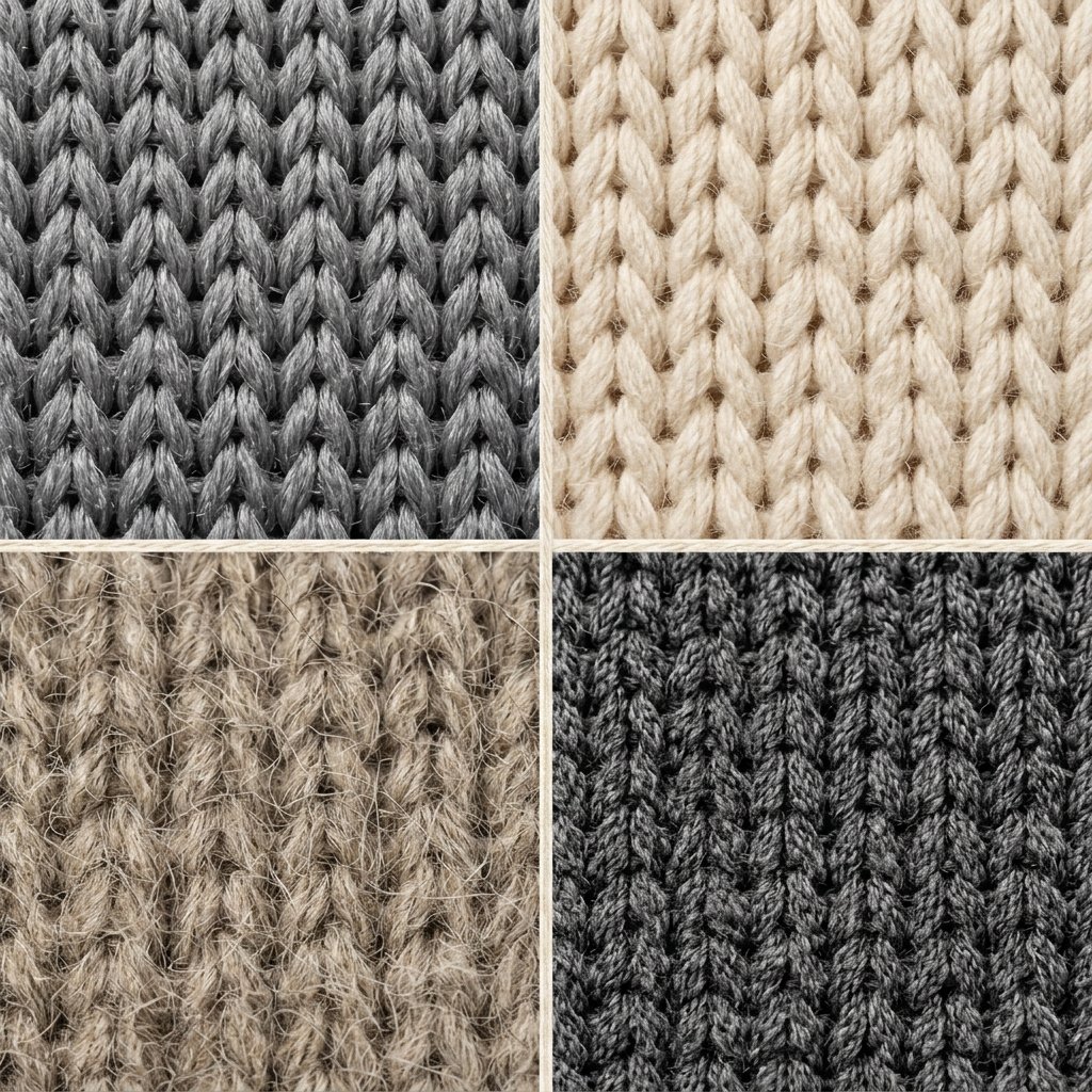 Knitted beanie fabric texture comparison showing rib knit cable knit fisherman and jersey stitch patterns for wholesale buyers