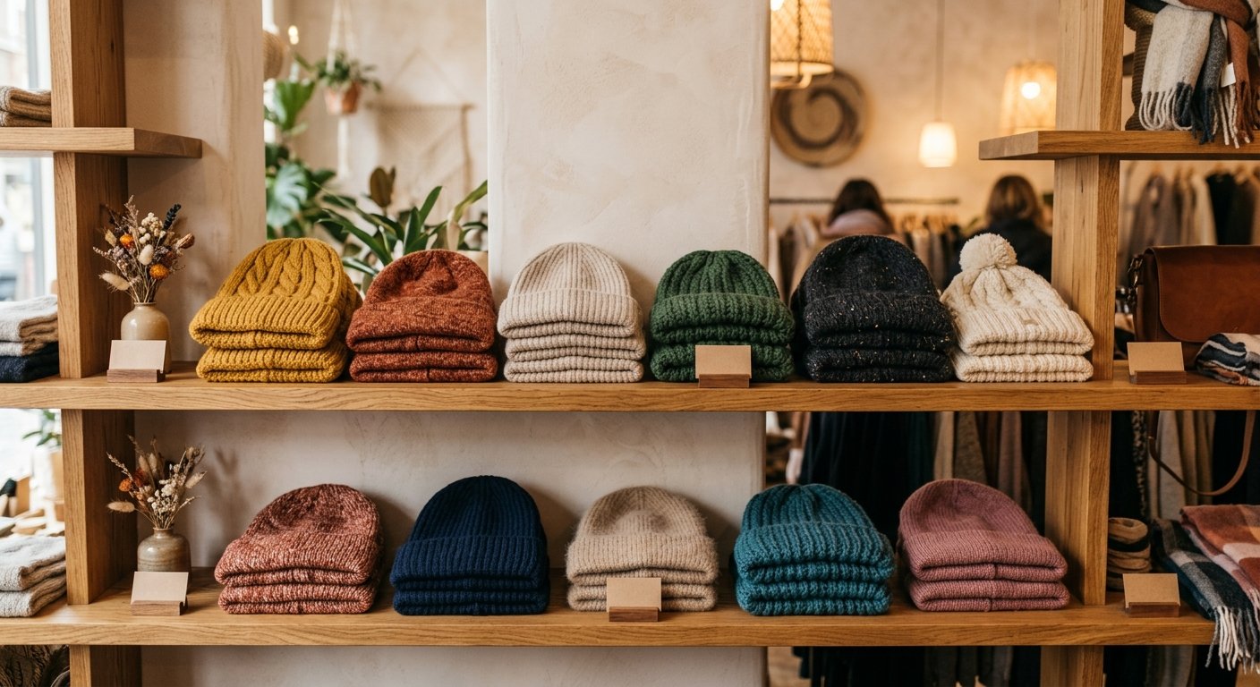 Retail shelf display of knitted beanies in various stitch types and materials for wholesale buyers