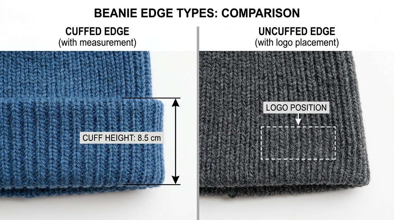 Close-up texture comparison cuffed vs uncuffed knitted beanies wholesale production detail