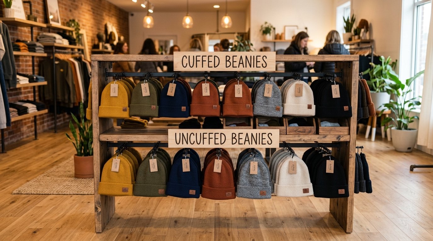 Retail shelf display of cuffed and uncuffed beanies in wholesale bulk packaging for buyers