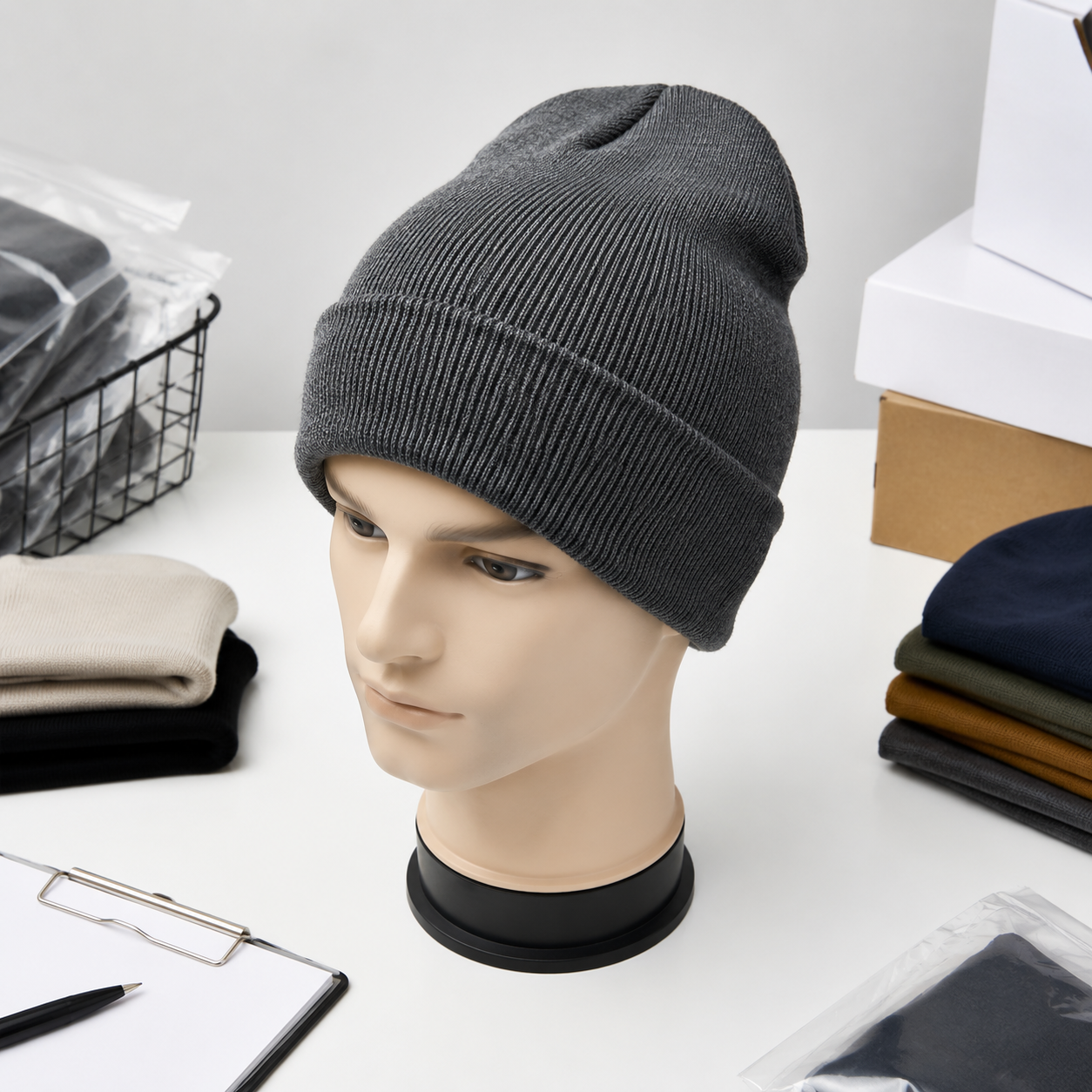 Knitted beanie worn in winter outdoor setting demonstrating proper fit and stretch comfort for wholesale buyer evaluation Knitted beanie worn in winter outdoor setting demonstrating proper fit and stretch comfort for wholesale buyer evaluation