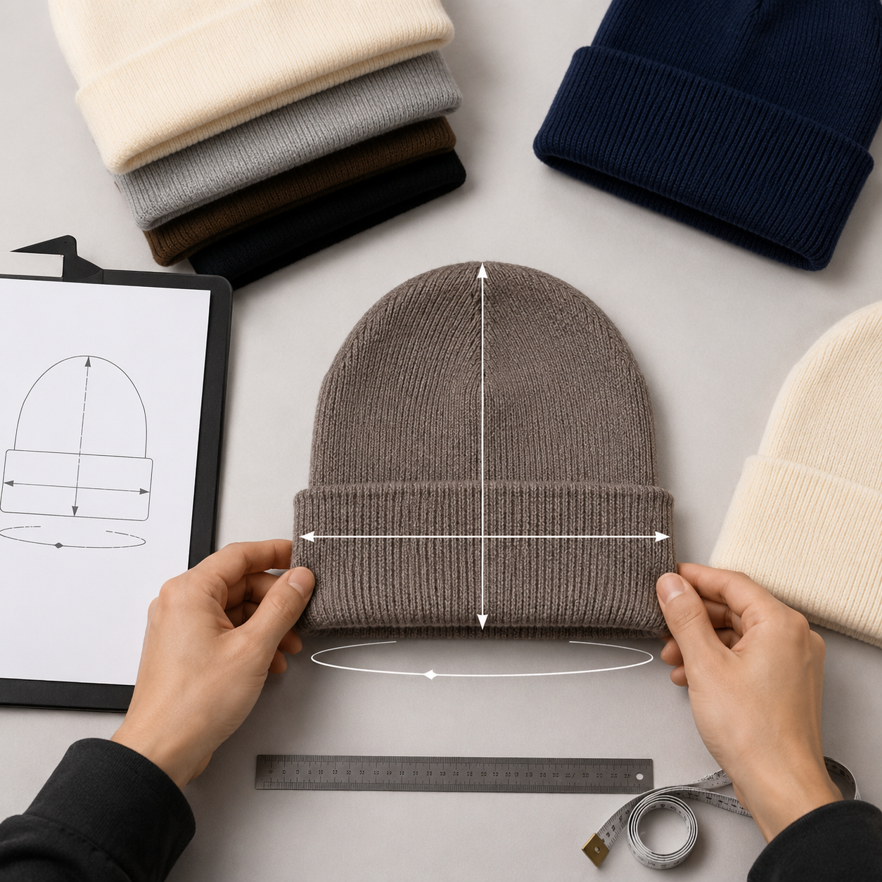 Knitted beanie close-up showing 1x1 rib stitch texture and yarn gauge for wholesale sizing specification Knitted beanie close-up showing 1x1 rib stitch texture and yarn gauge for wholesale sizing specification
