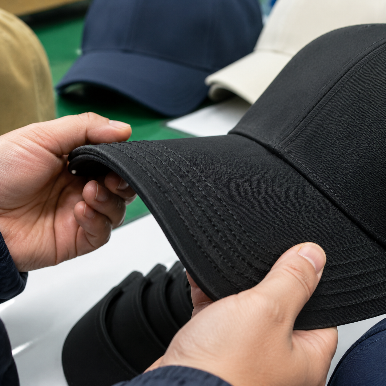 Baseball cap visor close-up showing 8-row stitching and edge binding construction detail for wholesale quality inspection Baseball cap visor close-up showing 8-row stitching and edge binding construction detail for wholesale quality inspection