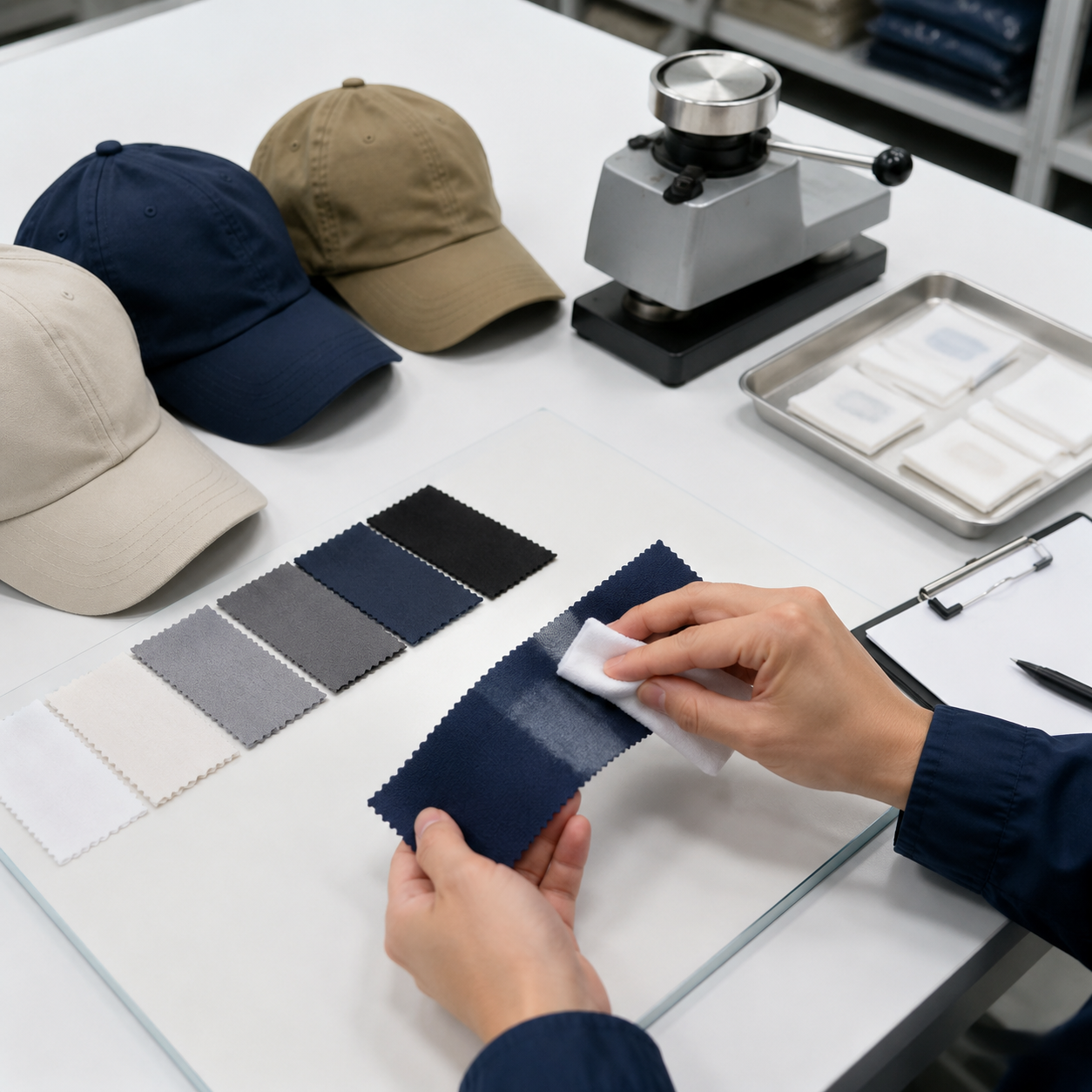 Baseball cap color fastness testing with crockmeter equipment for wholesale quality control