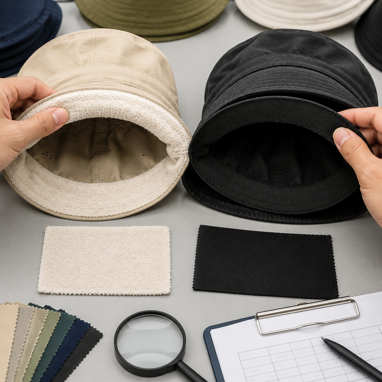 Comparison of bucket hat sweatband types cotton terry moisture-wicking antimicrobial for wholesale buyers