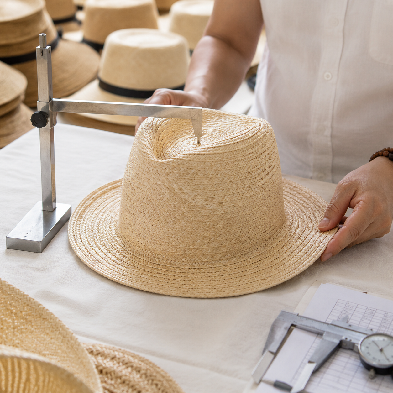 Straw hat demonstrating proper crown support structure and shape retention for wholesale quality standards