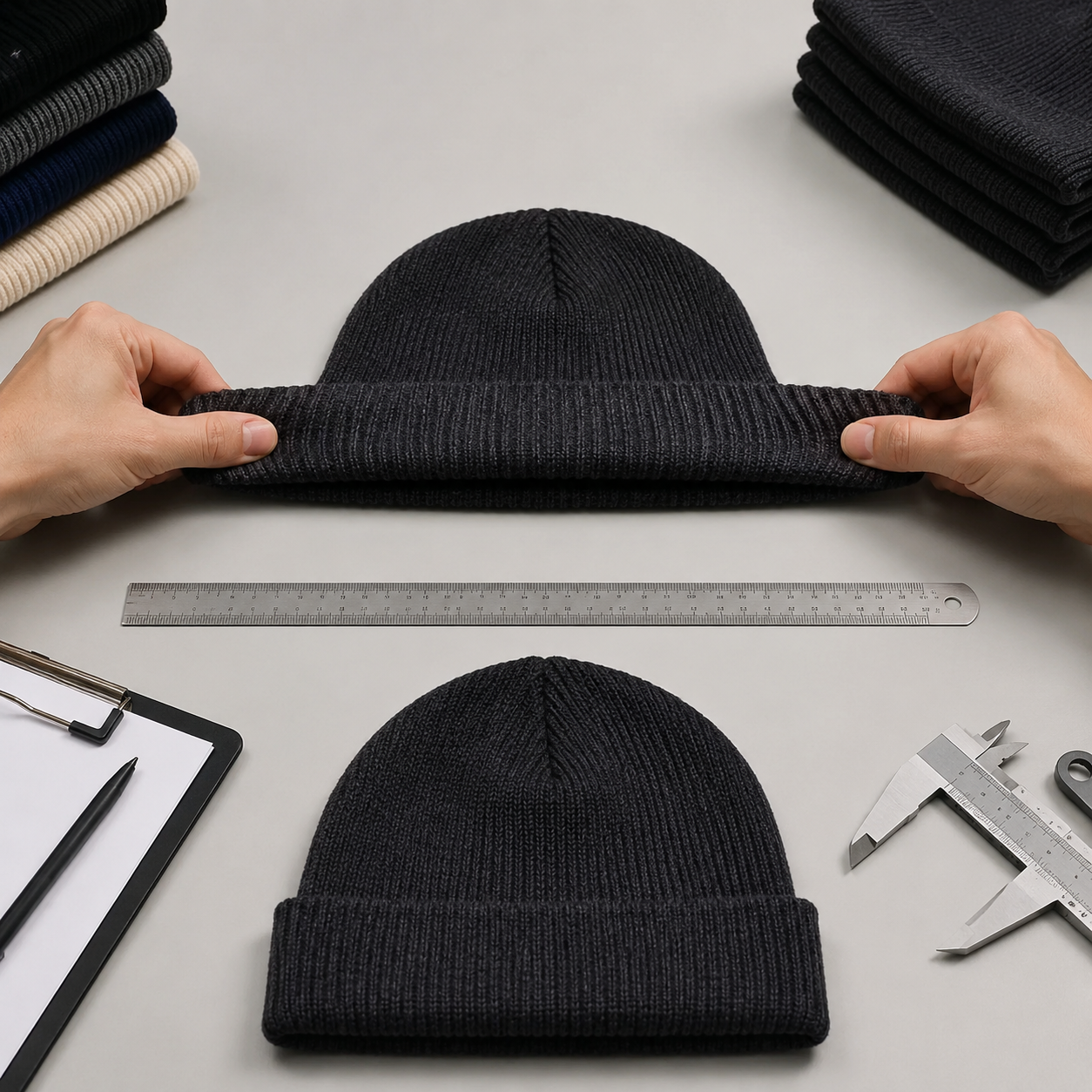 knitted beanie undergoing elastic recovery stretch testing for wholesale quality control specifications