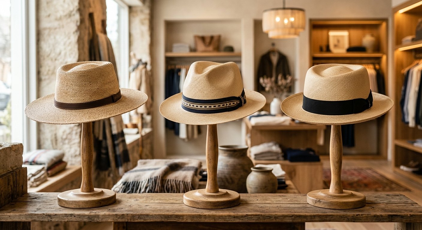 Retail display of three straw hats with telescope crown fedora crown and gambler crown shapes