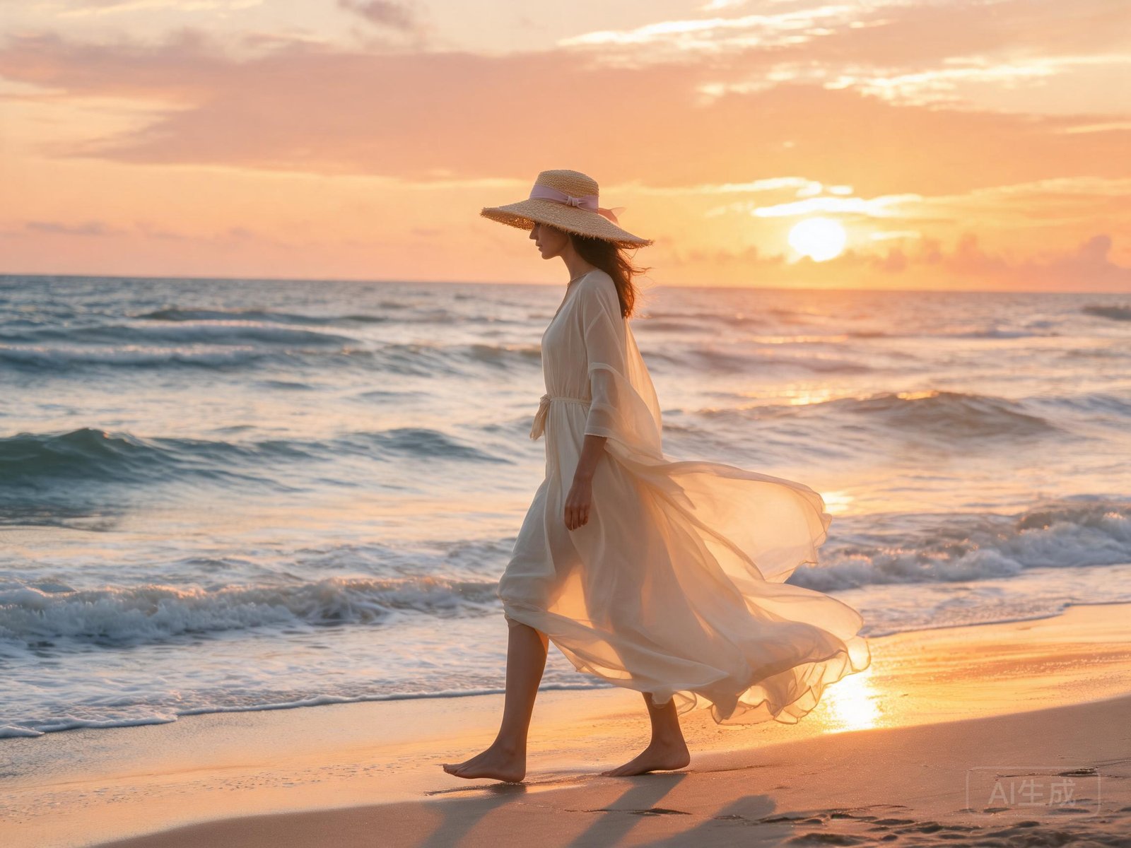 Woman wearing wide-brim straw hat on tropical beach lifestyle photo