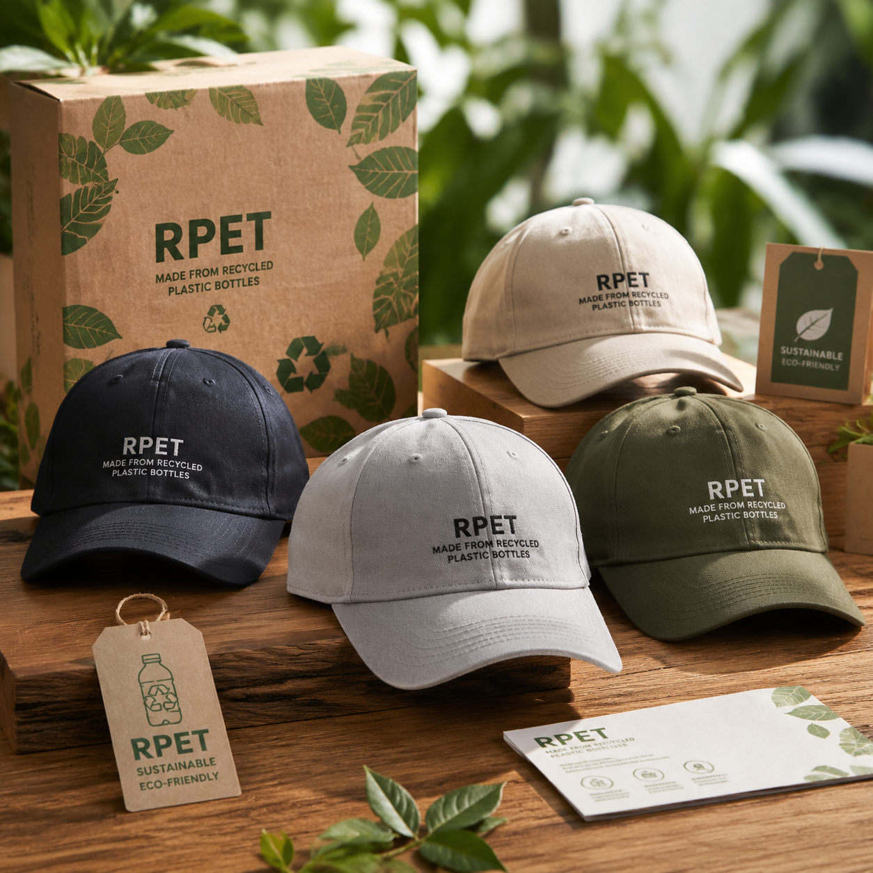 headwear sourcing trends 2026 - sustainable RPET headwear collection on eco-friendly display