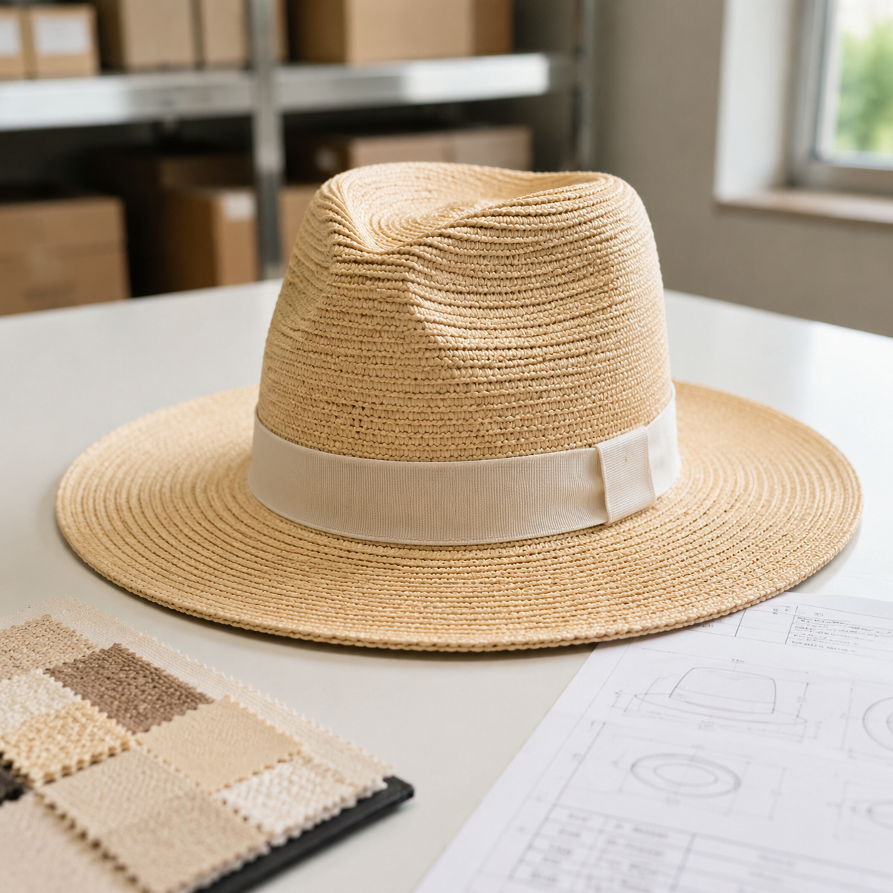 Straw hat on buyer inspection table with fabric swatches and spec sheet